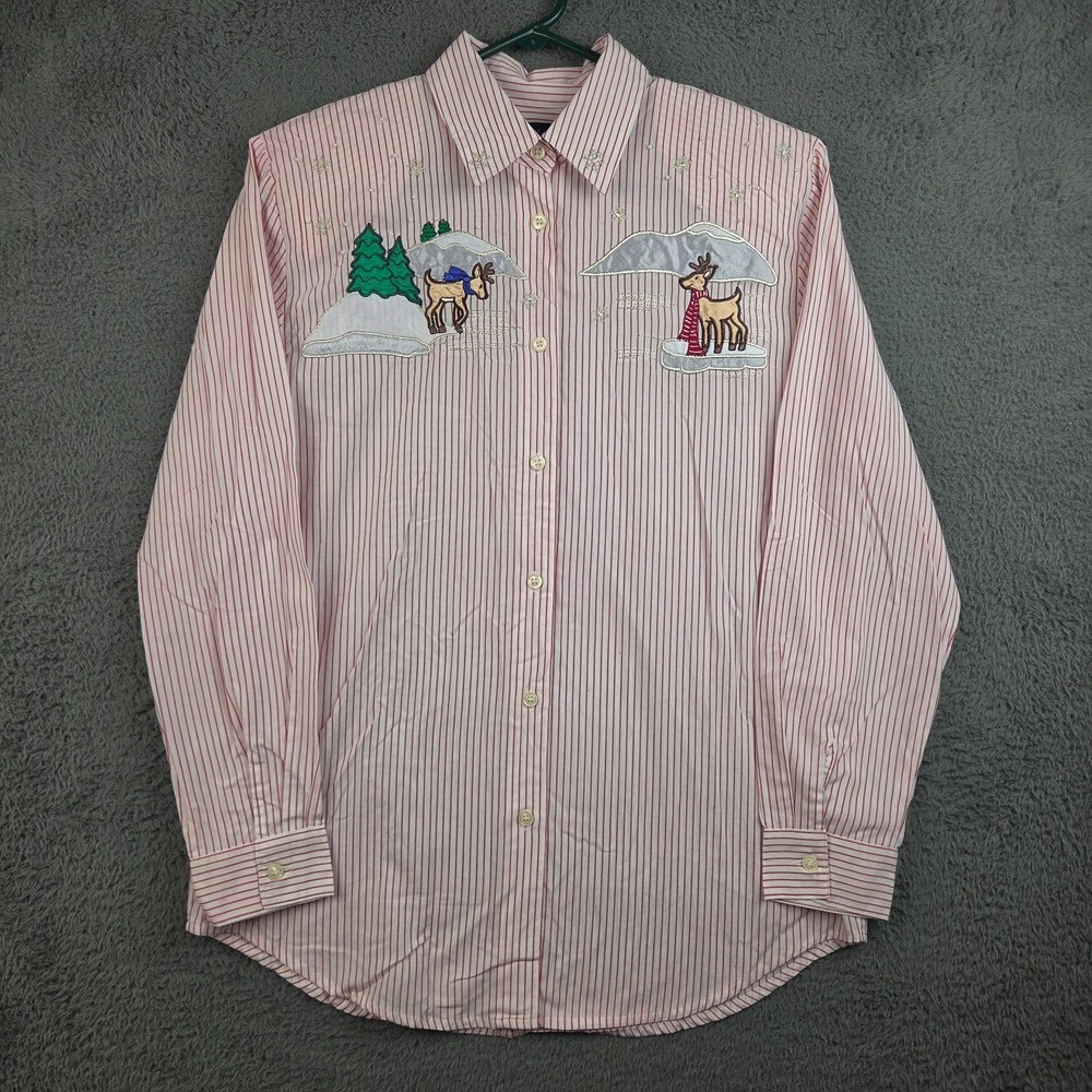 Vintage Christmas Shirt Women's Small Karen Scott Red White Embroidered Reindeer